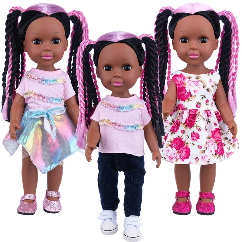 Role playing game toy 14inch oem pink braid hair black girl doll