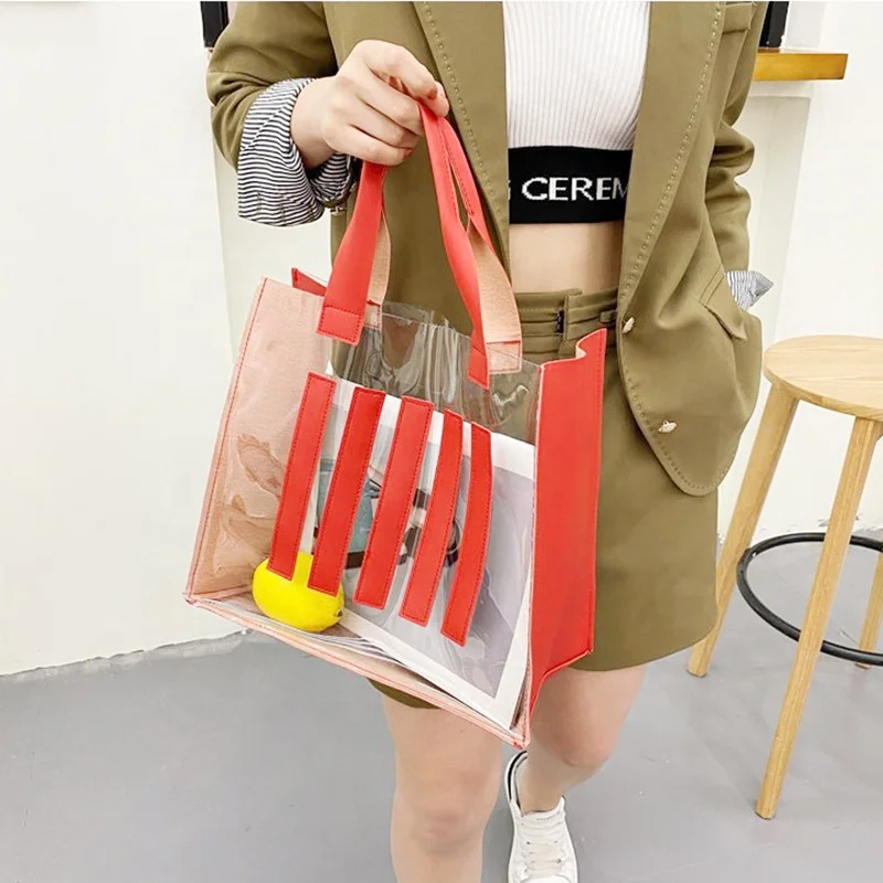2022 Customize Hote Sale Customized Promotional PVC Clear Transparent Casual Women Shopping Tote Bag Beach Waterproof Handle Bag