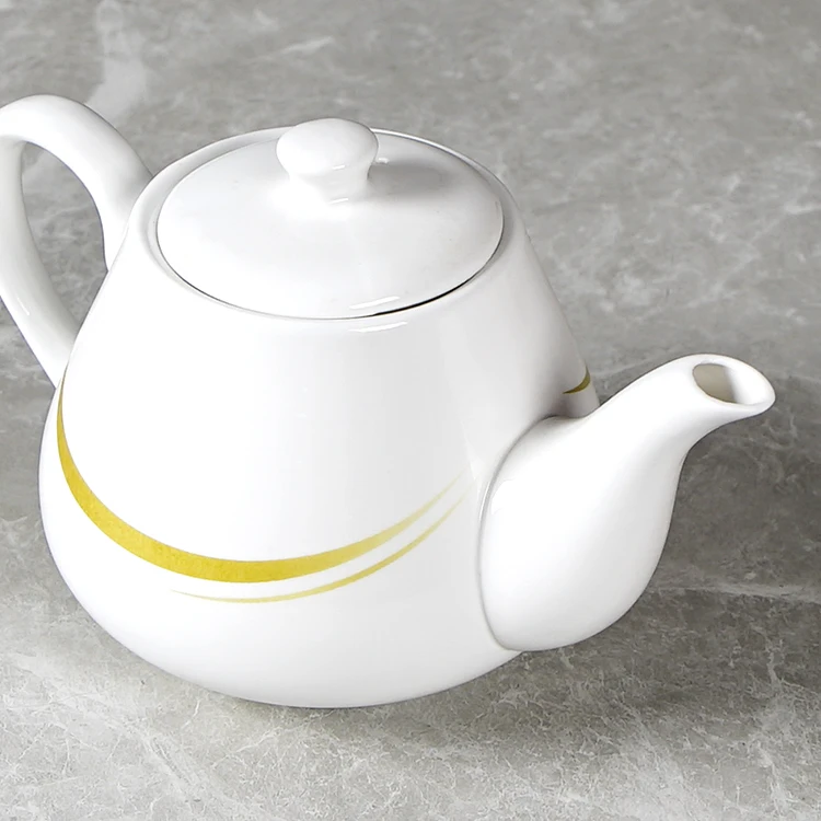 1000ml Porcelain White Ceramic Teapot With Yellow Color Simple Decal Printing Strength Handle Classic Pot Mold