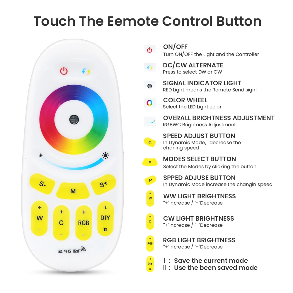 DC12-24V RF 2.4G RGBW RGB CCT LED Strip Controller Touch RF RGB CCT Remote Controller 5X6A/CH Brightness Adjustable