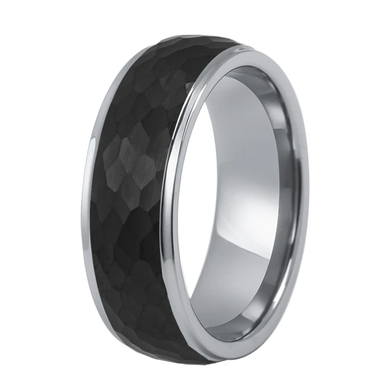 8MM Black Hammered Center Silver Tungsten Carbide Ring with Stepped Edges Titanium Bands