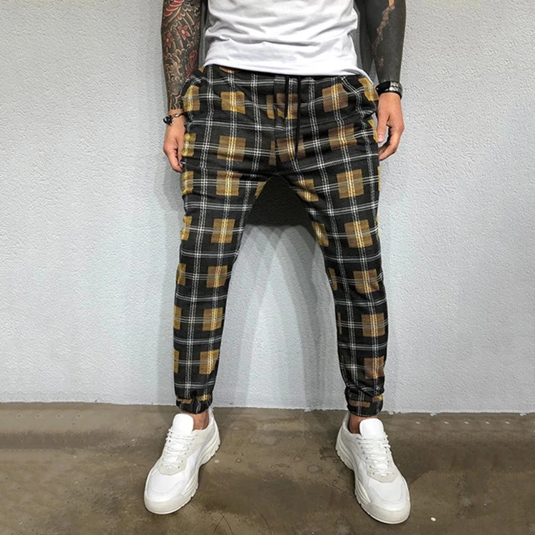 Casual Stitching Color Plaid Drawstring Design Cotton Blend Men Pants
