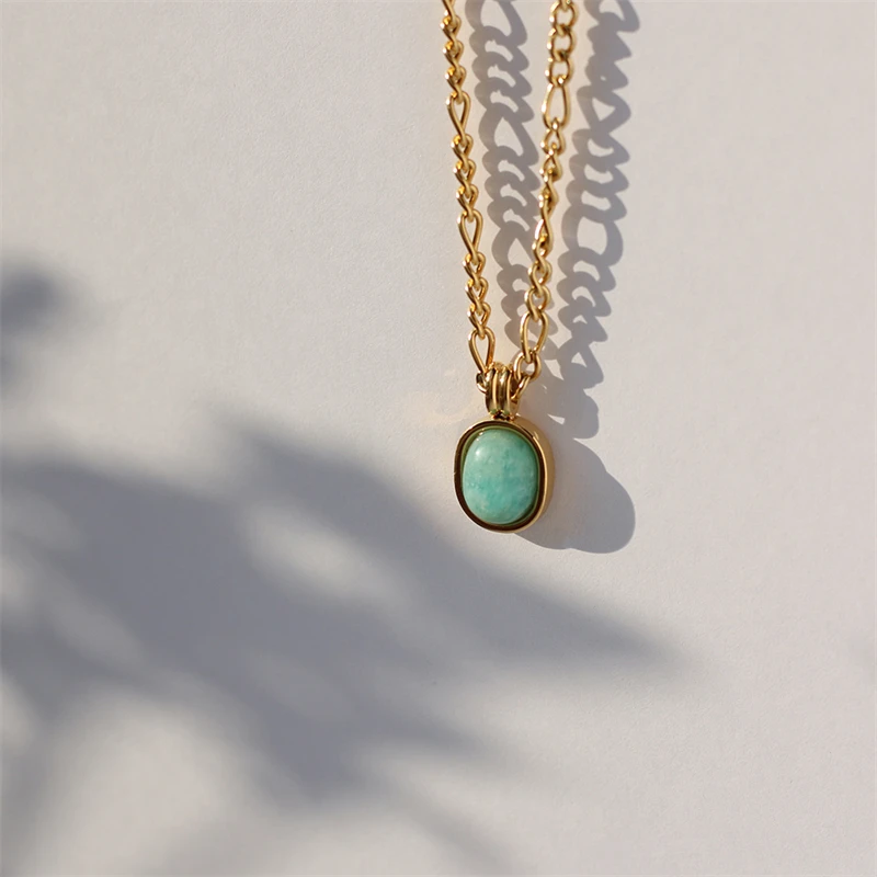 Unique Roman Holiday Mint Green Oval Jewelry Tianhe Stone Stainless Steel 18k Gold Plated Ellipse Pendant Necklace Baby Jewelry