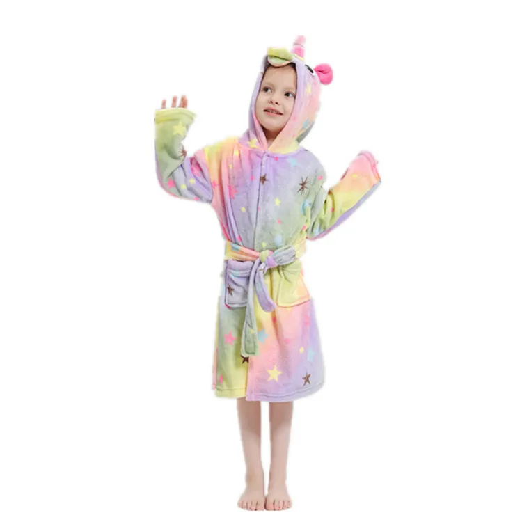 Animal Rainbow Unicorn Hooded Bathrobes For Boys Girls Pyjamas Nightgown Kids Sleepwear