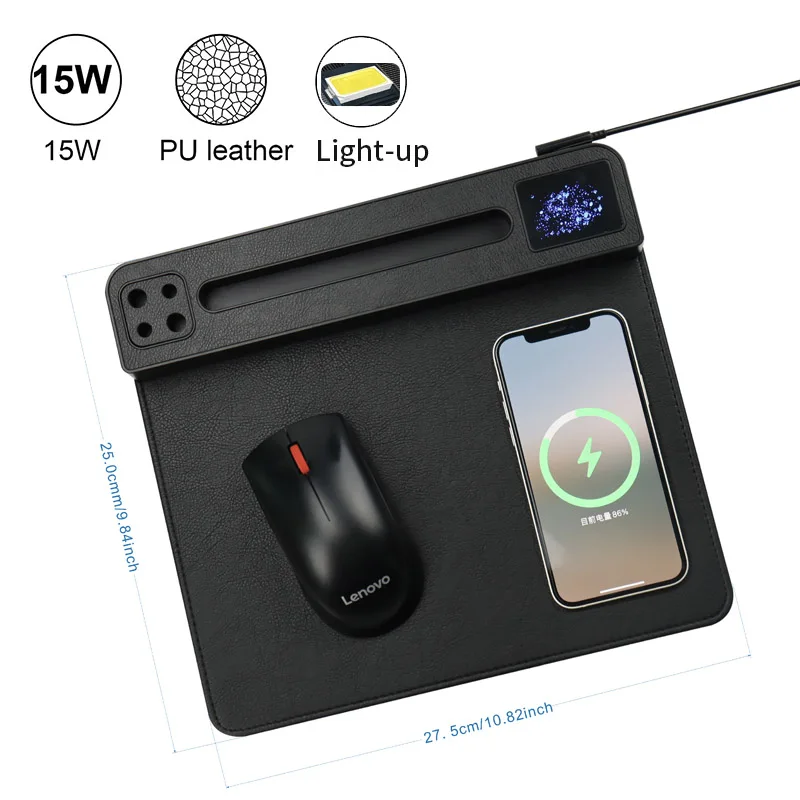 5 in 1 wireless charger mouse pad with LED logo Blue Mouse mat Rechargeable mouse pad with phone holder and pen insert storage