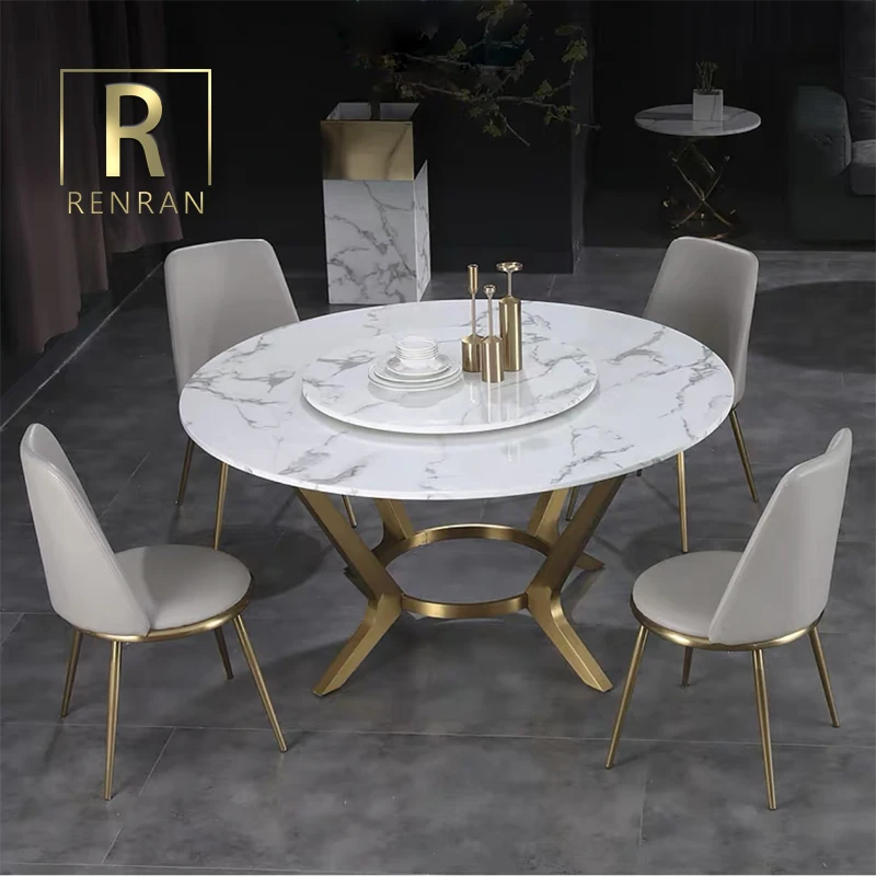 Modern contemporary new design dining room tables furniture sets stainless steel legs round marble stone top dining table