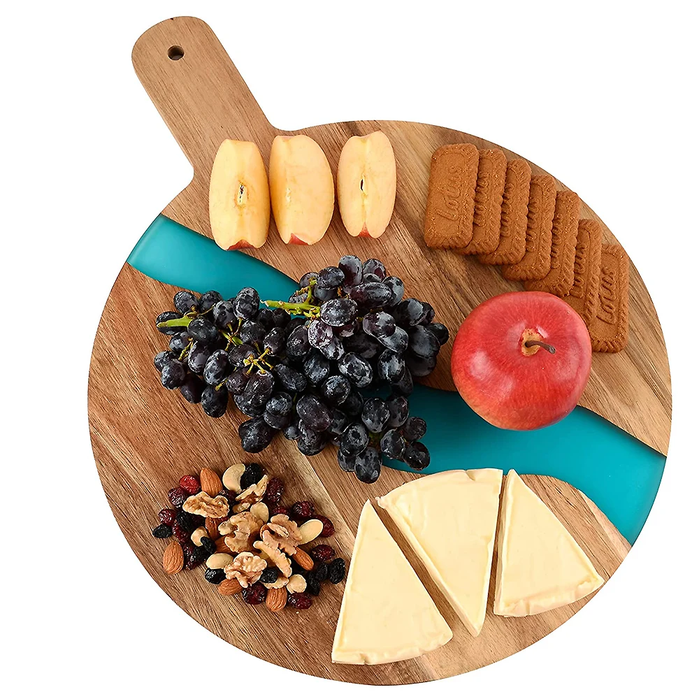 TAOTAOJU kitchen accessories custom solid wood cutting board with handle pizza board acacia wood resin splicing cutting board