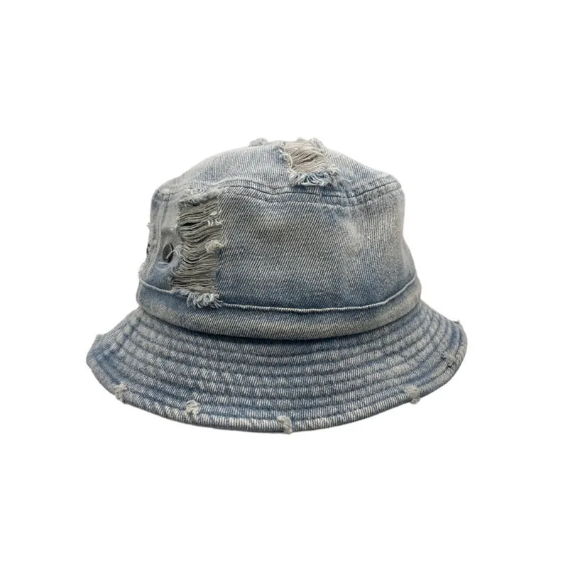 Japanese-Style Distressed Denim Korean Versatile Ripped Wide-Brimmed Hat for Men and Women Hip-Hop Streetwear Sun Protection Fis