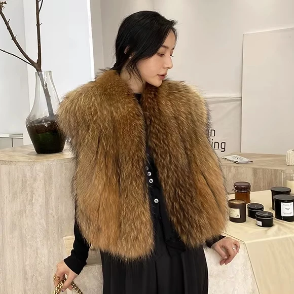 Natural Color Fluffy Luxury Fur Vest Women Elegant Raccoon Fur Gilet Sleeveless Fox Fur Gilet