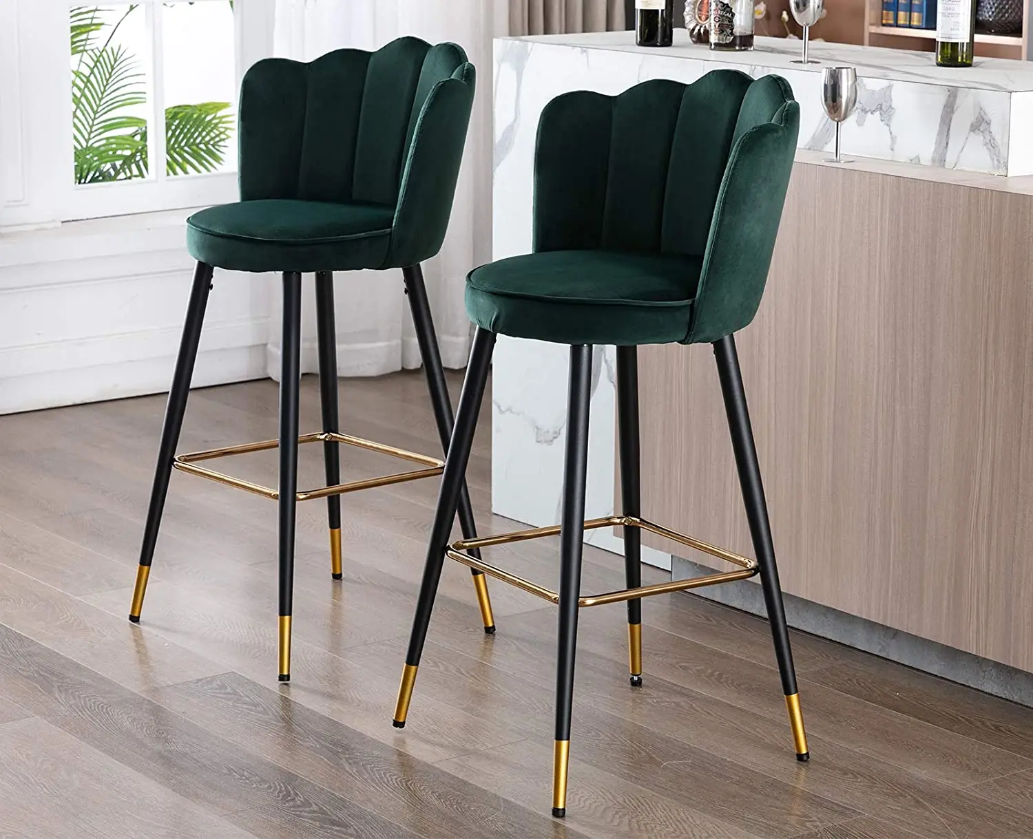 Amazon Best Seller Modern Green Velvet Fabric Upholstery Floral Back Bar Chair Counter Stool