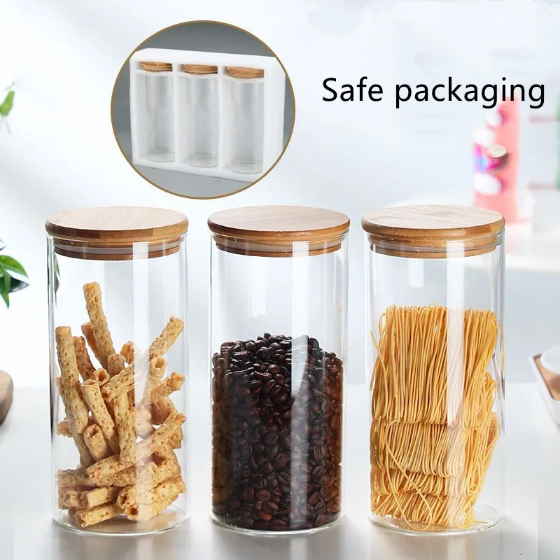 Set of 3 60oz Round Food Storage glass Container Jar with Sealing Bamboo Lid for Noodles Flour Cereal Rice Sugar Tea Coffee