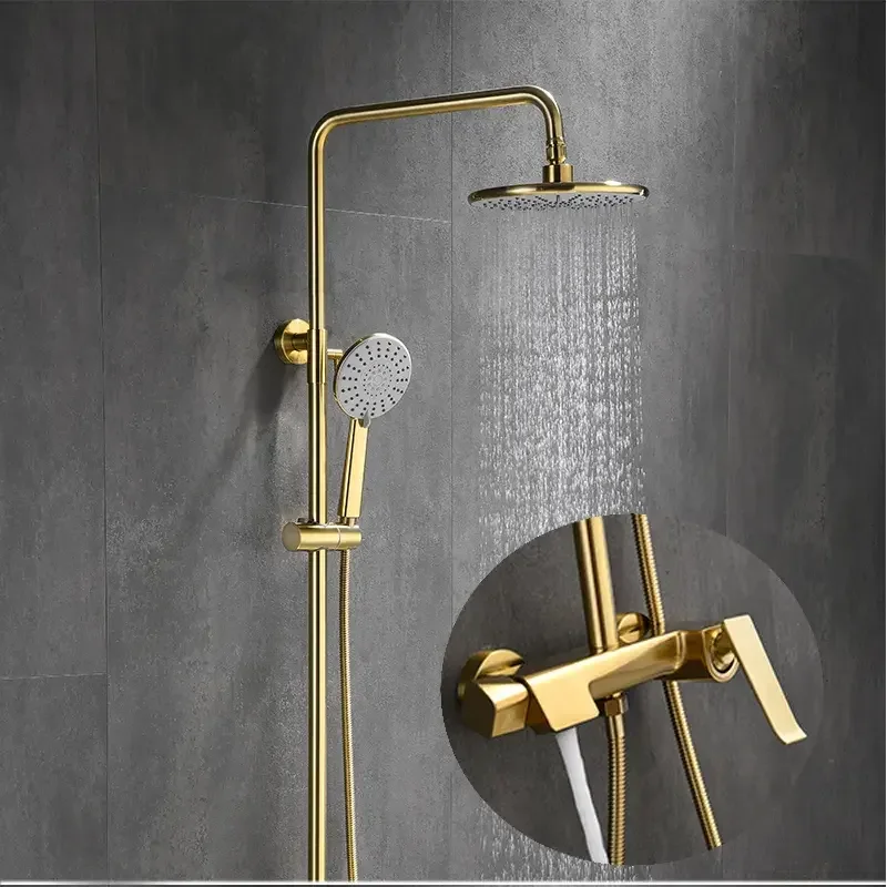 Modern Rain Exposed Rainfall  Bathroom Wall Mounted Brass Bath Water Tap Shower Head Mixer Golden Faucet System