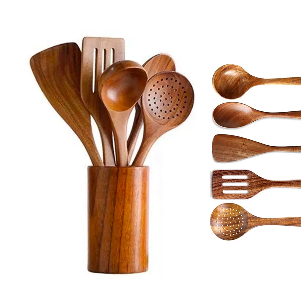 High Quality Natural Teak Acacia Kitchen Accessories Cooking Tools Wooden Kitchen Utensils Cookware Wood Utensil Set For Home