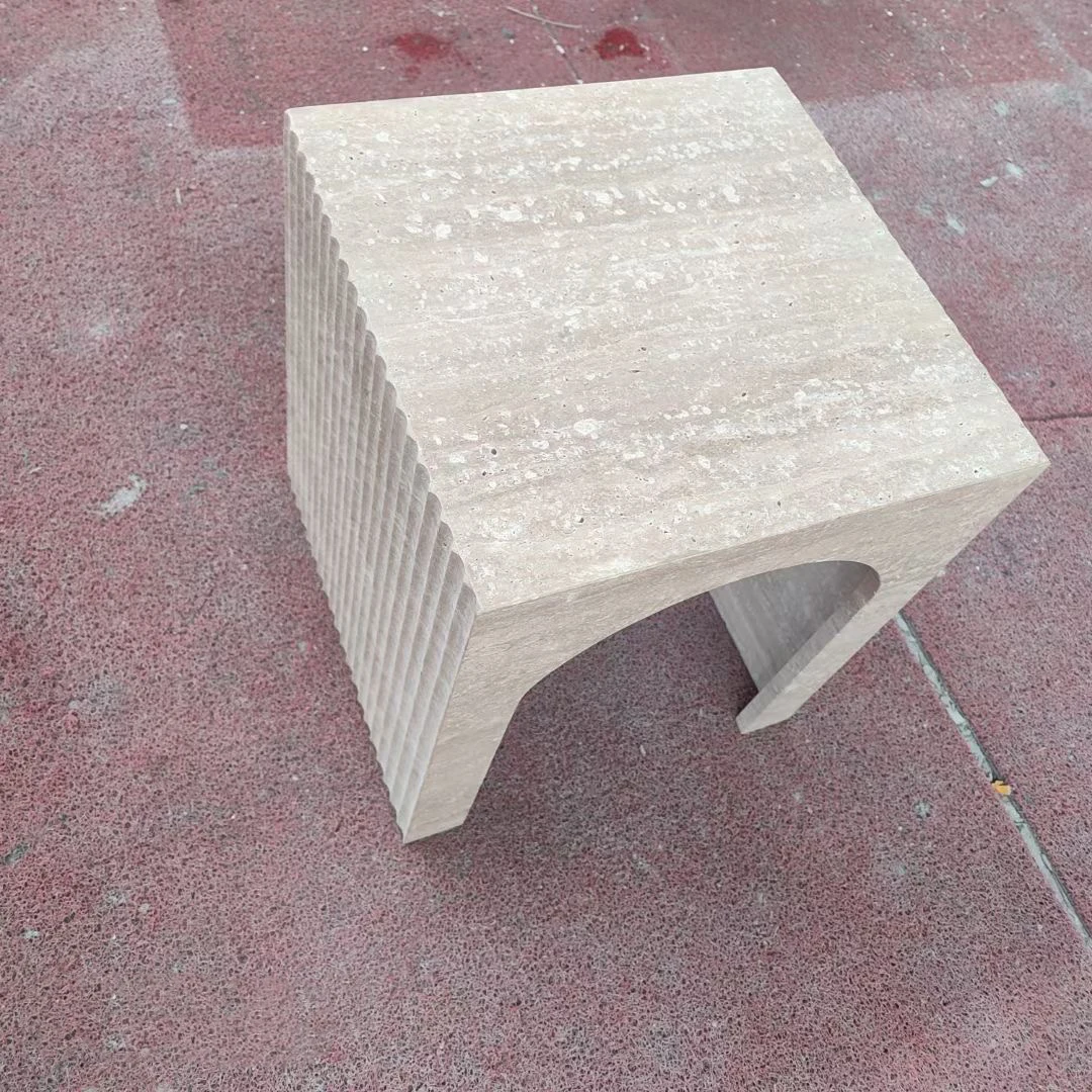 Customized Factory Beige Travertine Side Table Arch Molding Marble Base Luxury for Living Room Furniture