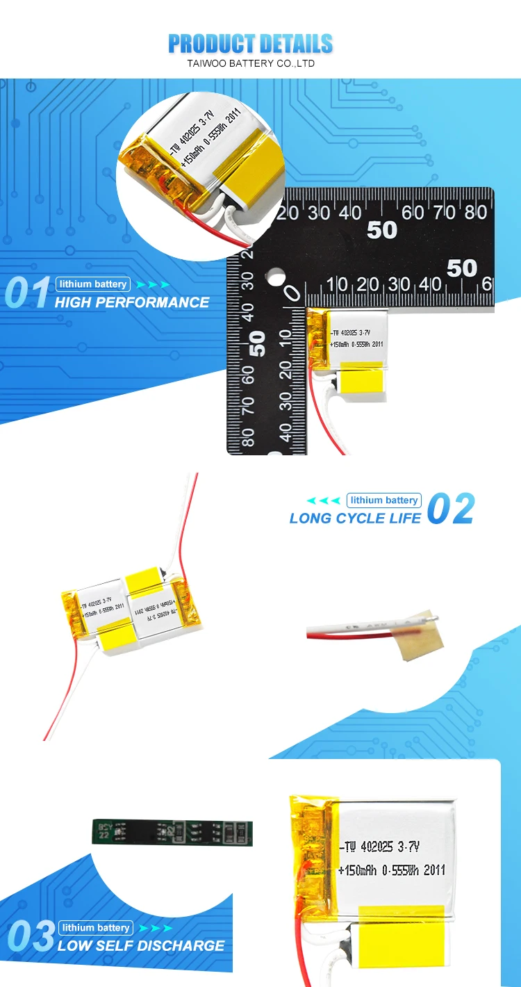 402025 3.7v Lipo Li-Ion Battery Cells 150mAh Lithium Polymer Battery For Wearable Device