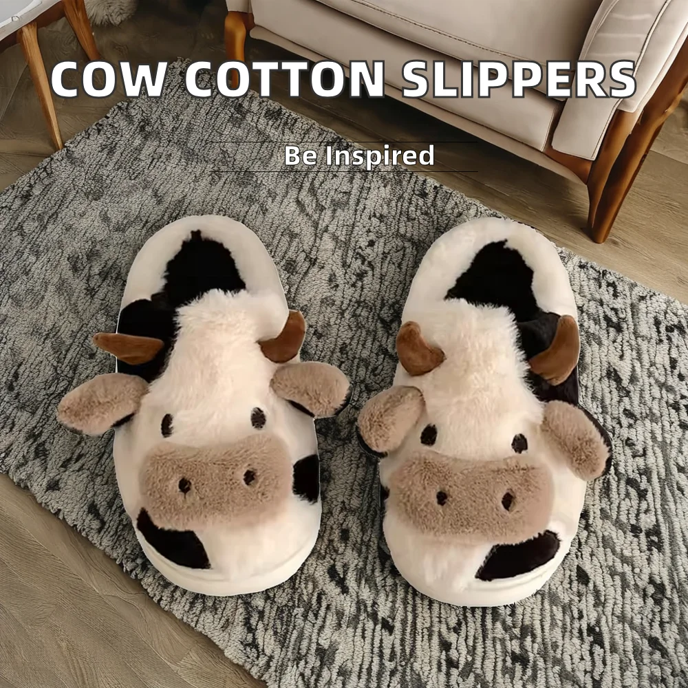 Home Cartoon Cow Cotton Slippers Indoor Outdoor Slippers For Women Men Fuzzy Cute Cow Slides Warm Cozy Animal Fluffy Shoes