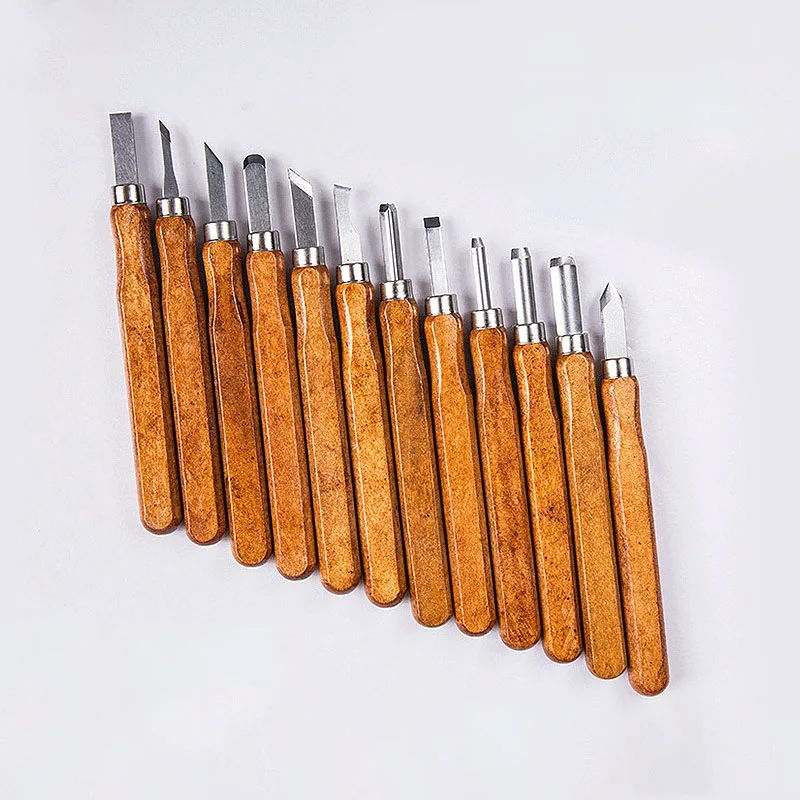The new listing 12 pieces of carbon steel chisel set with wooden handle art engraving manual woodworking engraving tool set