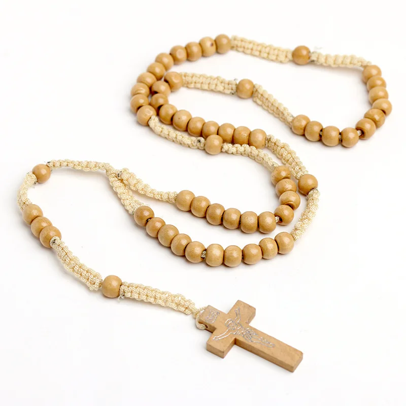 Hot Natural Wood Beads Cross Pendant Necklace Christian Rosary Necklace Hand-woven Necklace Jesus Catholic Religious Jewelry