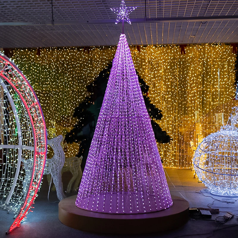 newest style metal frame RGB PVC 3d cone big giant large artificial hanging tree motif  light for Christmas decoration