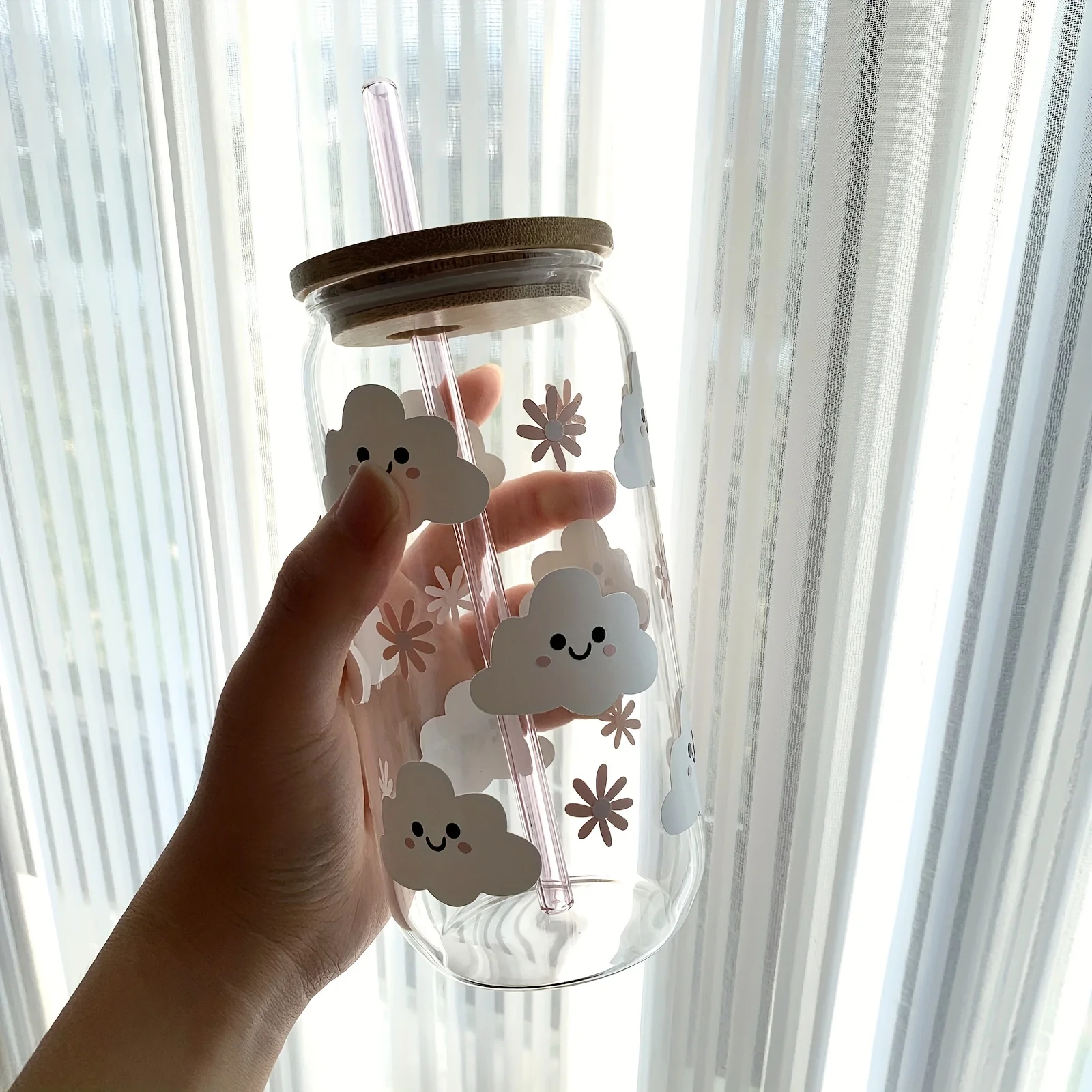 New Popularity Portable Cute Clouds Pattern 16 OZ Glass Milk Tea Coffee Can With Straw And Brush