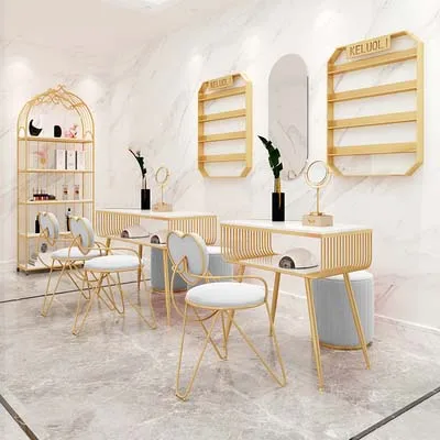 Wrought iron marble nail table and chair cover golden economy style nail table backrest chair sofa combination modern