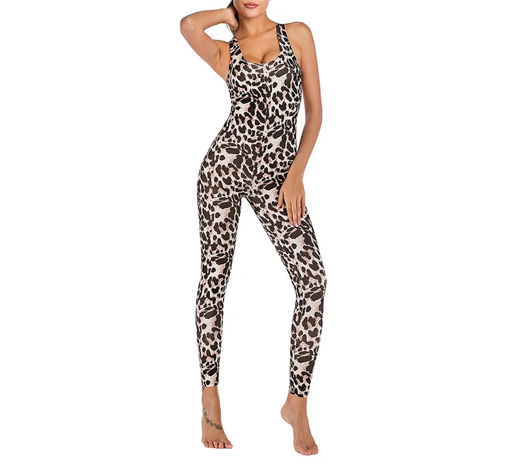 2022 New Sexy Fitness Summer Clothing Sleeveless Fashion Sports One Piece Jumpsuit Women Leopard Print Yoga Romper