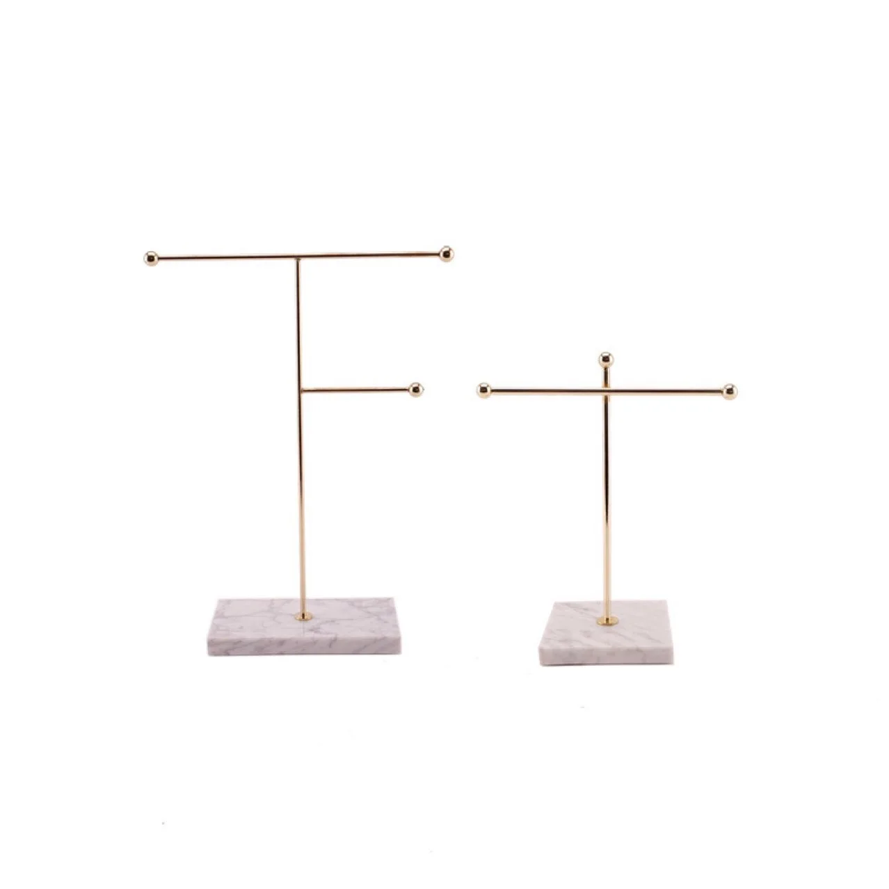 High-end Custom White Black Natural Texture Marble Base Gold Metal Hanging Rod Combined Necklace Earrings Jewelry Display Stand