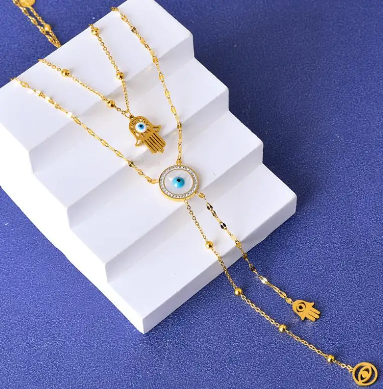 Double layer necklace Fashion Euro-American style eyes palm long fringe flower sweater chain For women fine jewelry