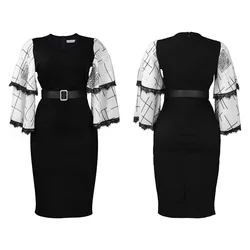 D301 New design spring women clothes flare sleeve ladies office dresses v neck midi belt pencil elegant women dress career dresses