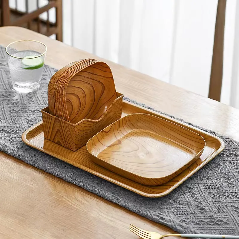 2024 Hot Sale Simple wood grain bone spit dish set home commercial afternoon tea fruit plate nut snack plastic plate
