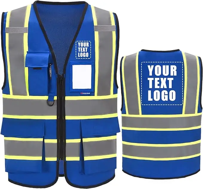 Custom Logo Personalised Printed Reflective Safety Clothing With Pockets Zipper High Visibility Safety Vest for Women Men