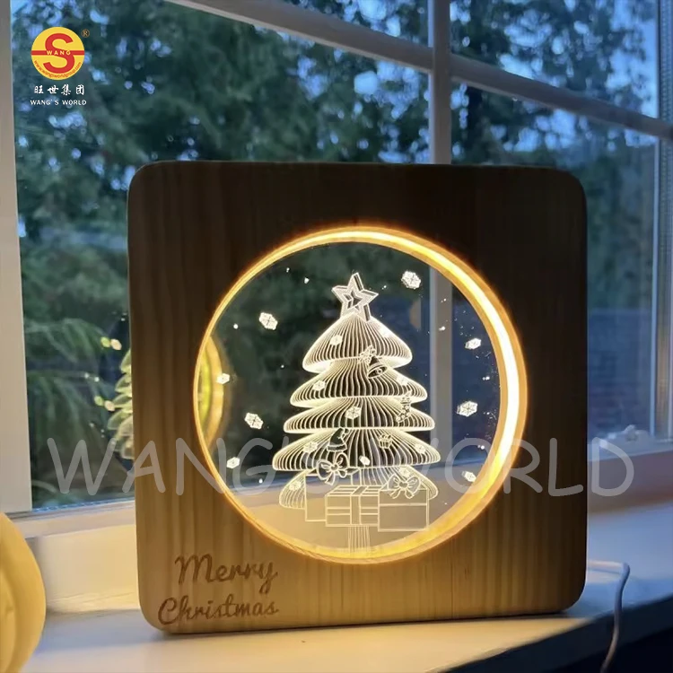 Boho Custom 3D LED Night Light DIY Christmas Trees Wooden Table Light Unique Design Home Decoration Blank Framed Wooden
