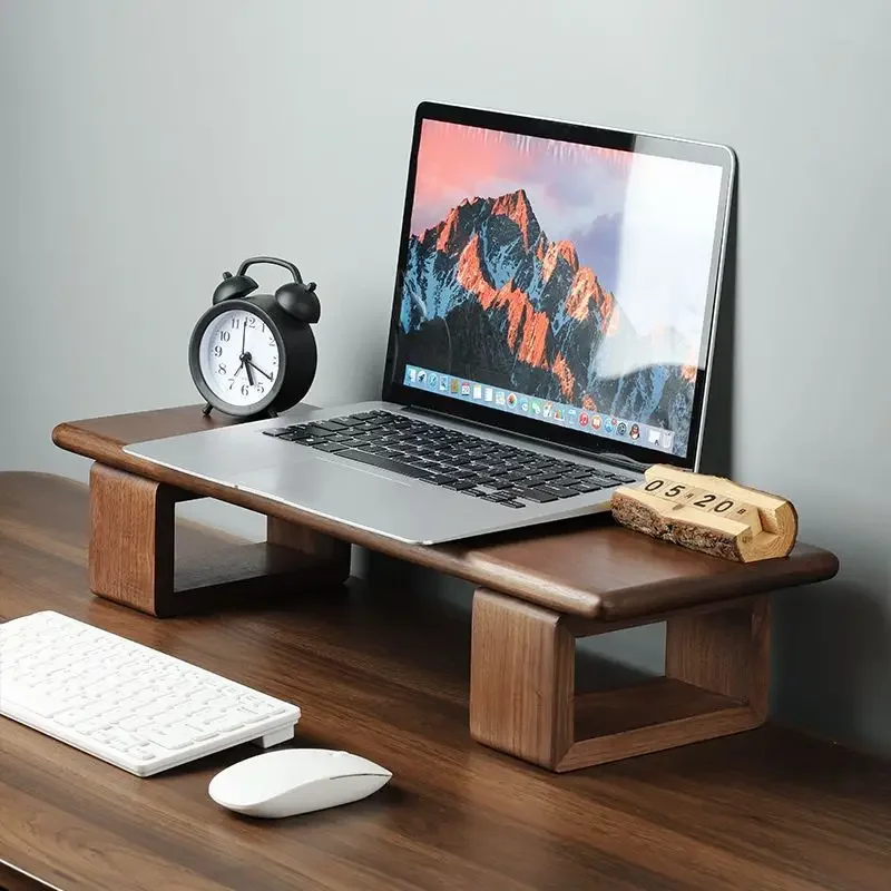 Solid Wood Screen Support Bracket Desk Space Saver Wooden Monitor Stand Riser Desktop Laptop Shelf with Storage Organizer
