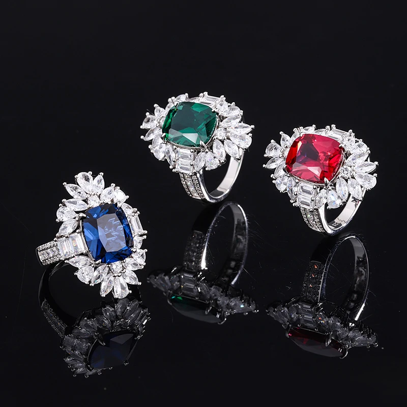 S925 whole body silver hot sale color treasure emerald pigeon blood red sapphire rectangular ring main stone 10*12