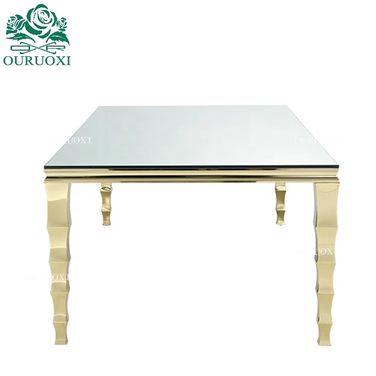 Romantic metal frame glass top rectangle stainless steel furniture for wedding table
