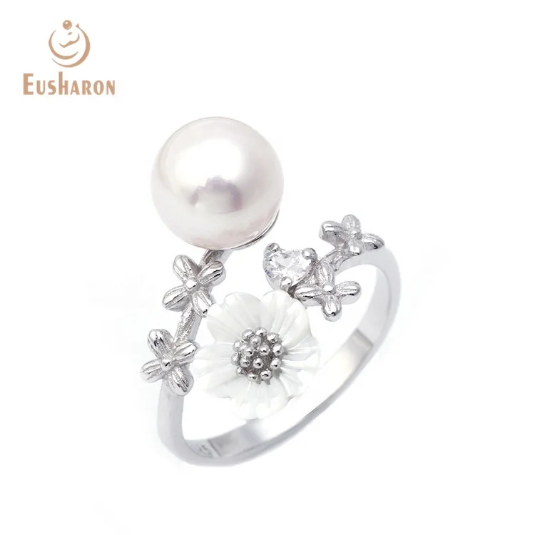 Pearl Party Natural Freshwater Pearl S925 Sterling Silver Adjustable Mount Flower Rings