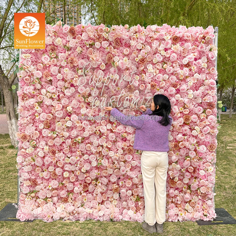 Sunwedding Pink Flower Wall Wedding Backdrop 3d Silk Flowers Wedding Flower Wall Panel