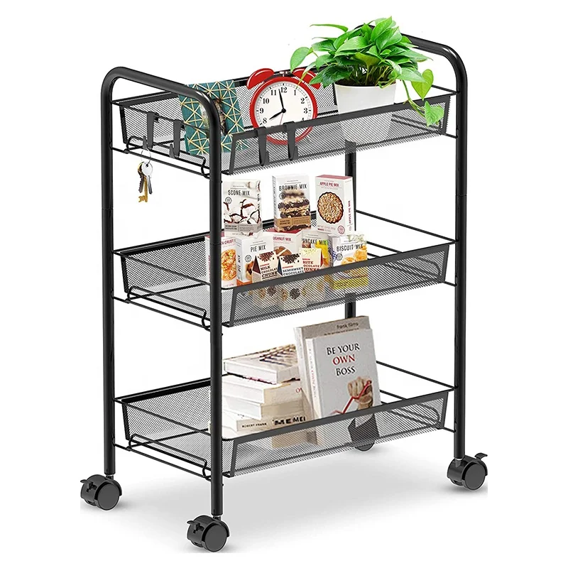 3-Shelf Mesh Wire Rolling Cart Trolley Organizer Home Office Storage Holders