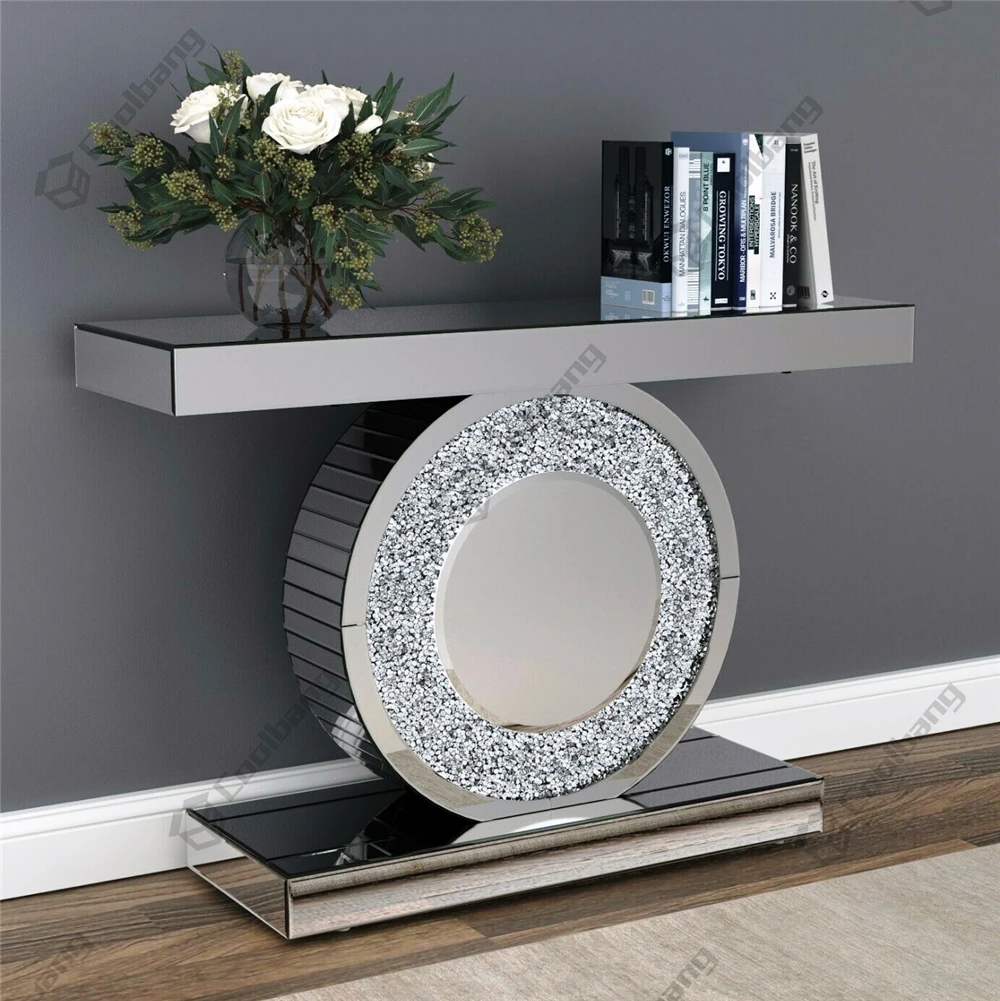 Coolbang Hallway Modern Crushed Diamond Mirrored Console Table With Mirror