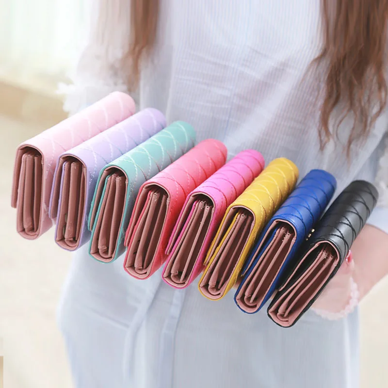 Wholesale  Tri-fold Button Closure Long Purse Women Multi Card Organizer Golden Crown Candy Colors Thread Lattice Clutch  Wallet