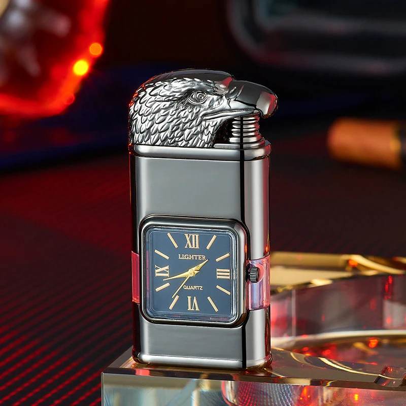 Custom Logo Dual Flame Gun Torch Lighter Creative USB Style Metal Watch with Transparent Gas Tank