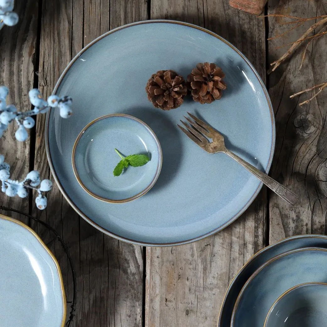 Eco-friendly reactive glazed blue dining charger plates sets dinnerware serving ceramic dinner plate