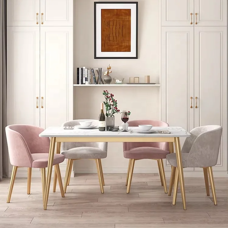 Light Luxury Black Marble Dining Table with Chair Set Concrete Marble Stone Top Golden Stainless Steel leg dining table