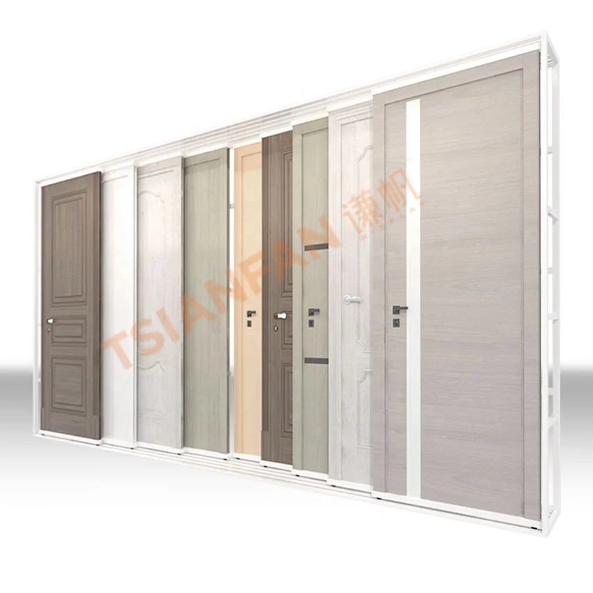 Tsianfan New Design Custom Slider Wooden Cabinet Door Sample Display Rack With Door Frame Sliding Doors Display Stand Exhibition