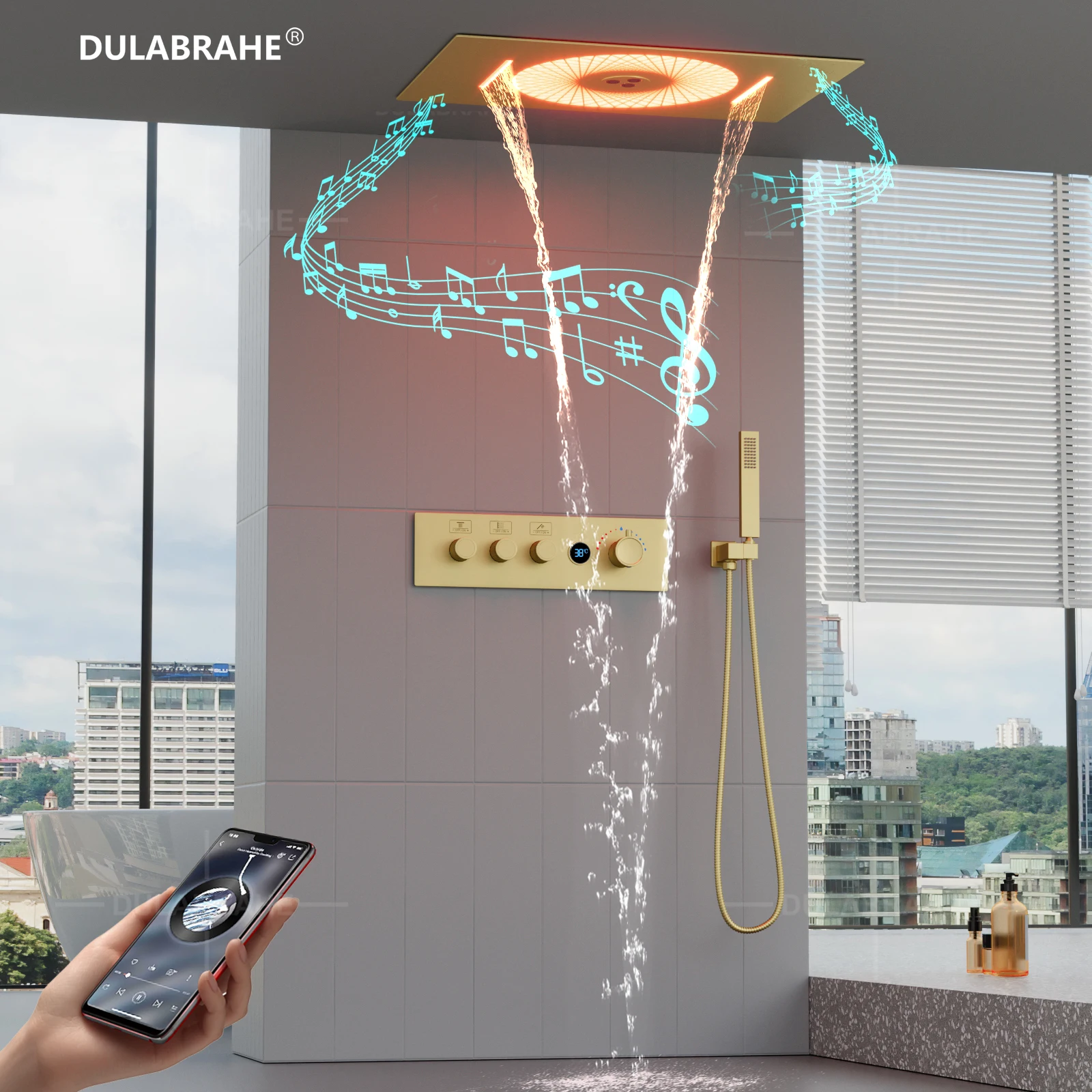 DULABRAHE 2024 New Luxury Thermostatic Gold LED Shower System Bathroom Ceiling Rain Waterfall Digital Display Shower Set