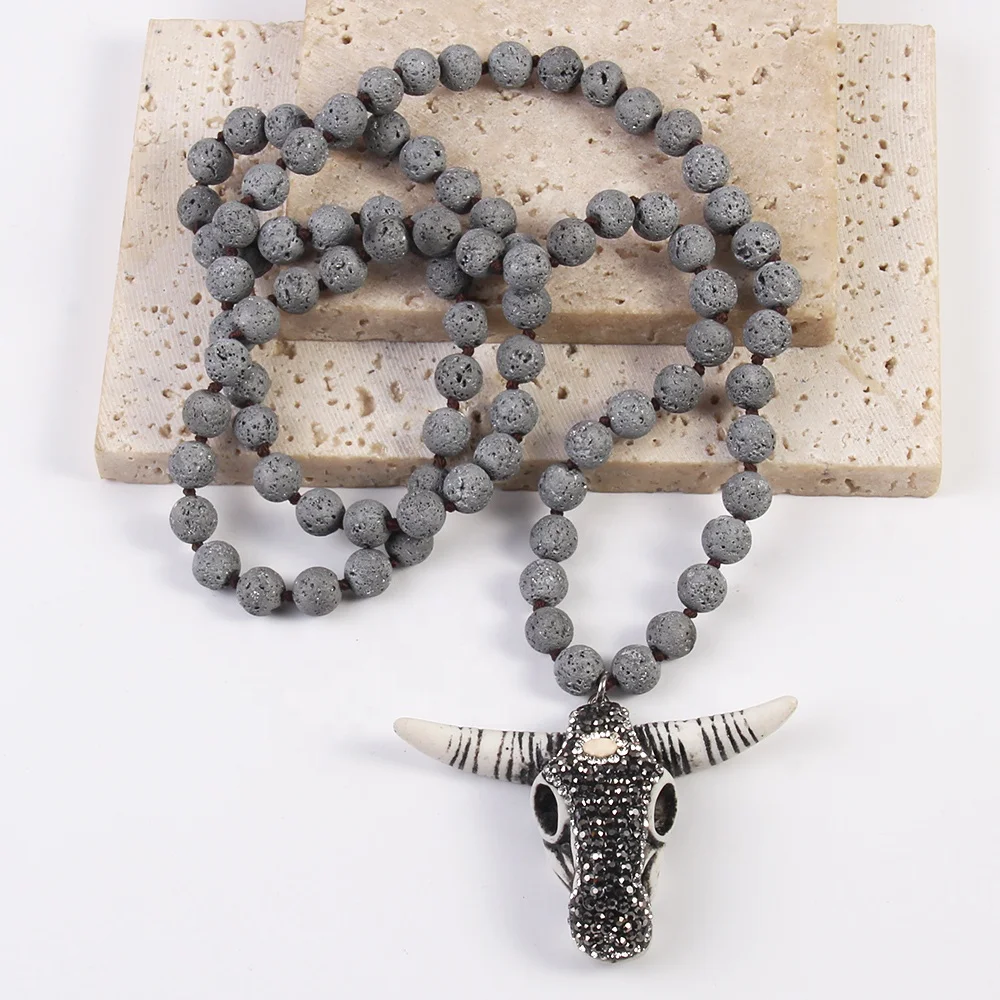 Bohemian Tribal Jewelry Lava Stone Necklace Knotted Handmade Rhinestone Paved Buffalo Skull Bull Horn Head Pendant Necklace