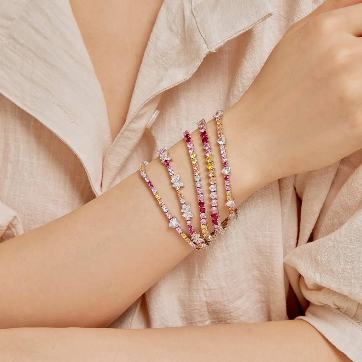 Dylam Korean Trendy Multi Color S925 Silver Pink Diamond Bracelet Bling Cz Cubic Zircon Pear Shape Bracelets For Women Jewelry