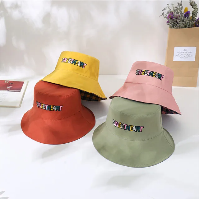 2021 New Ladies Fashion Fisherman Hat Double-Sided Lattice Sun Hat Embroidery Letter Fisherman Hat