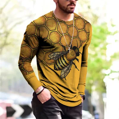 Оптовая продажа 2021, свободная футболка с круглым вырезом и цифровым принтом пчелы в виде сот, повседневная мужская футболка с длинным рукавом