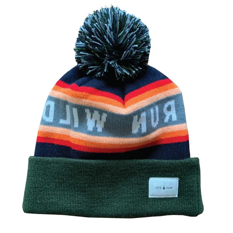 Custom Logo Jacquard Pom Pom Winter Knitted Beanie Hat,Cuffed Beanie Cap With Pom